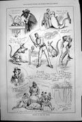 Antique Old Print Humours June Secret Despatch Whale Blackpool Mermaid 1878