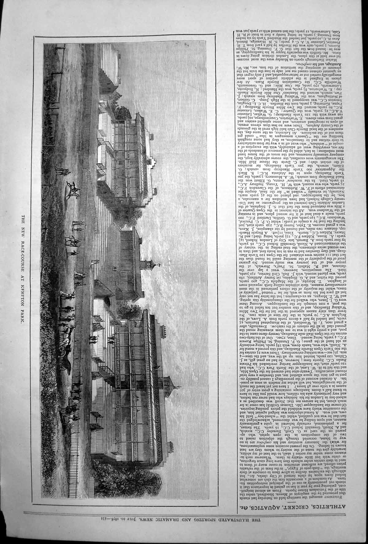 Original Old Antique Print New Race Course Kempton Park 1878 19th