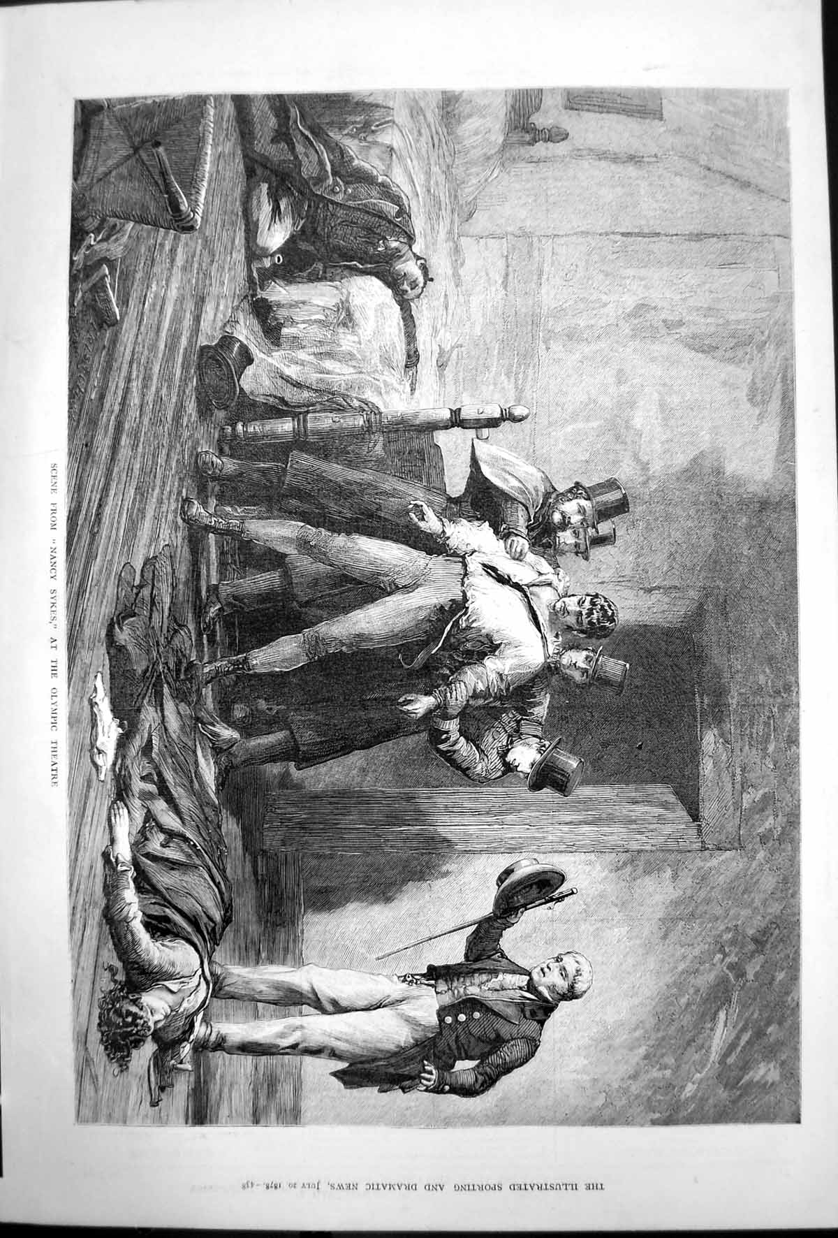 Antique Print Scene Nancy Sykes Olympic Theatre Man Woman Lying Floor 1878 19th