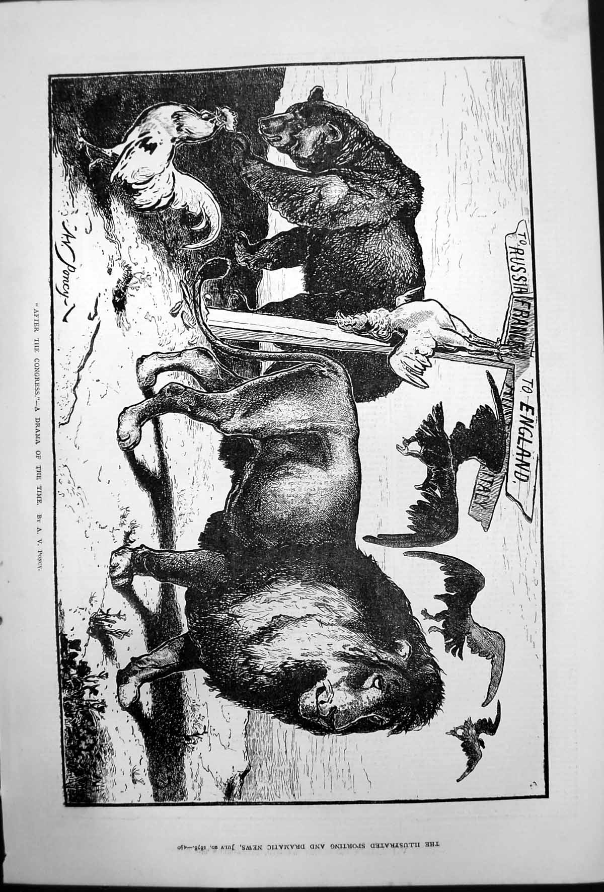 Antique Print After Congress Drama Time A V Poncy Lion Bear Hen Birds 1878 19th