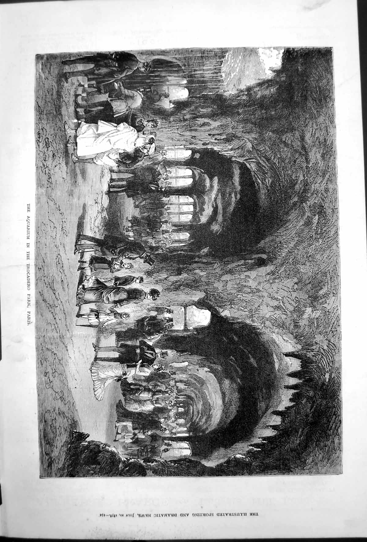 Original Old Antique Print Aquarium Trocadero Park Paris Crowds Visitors 1878