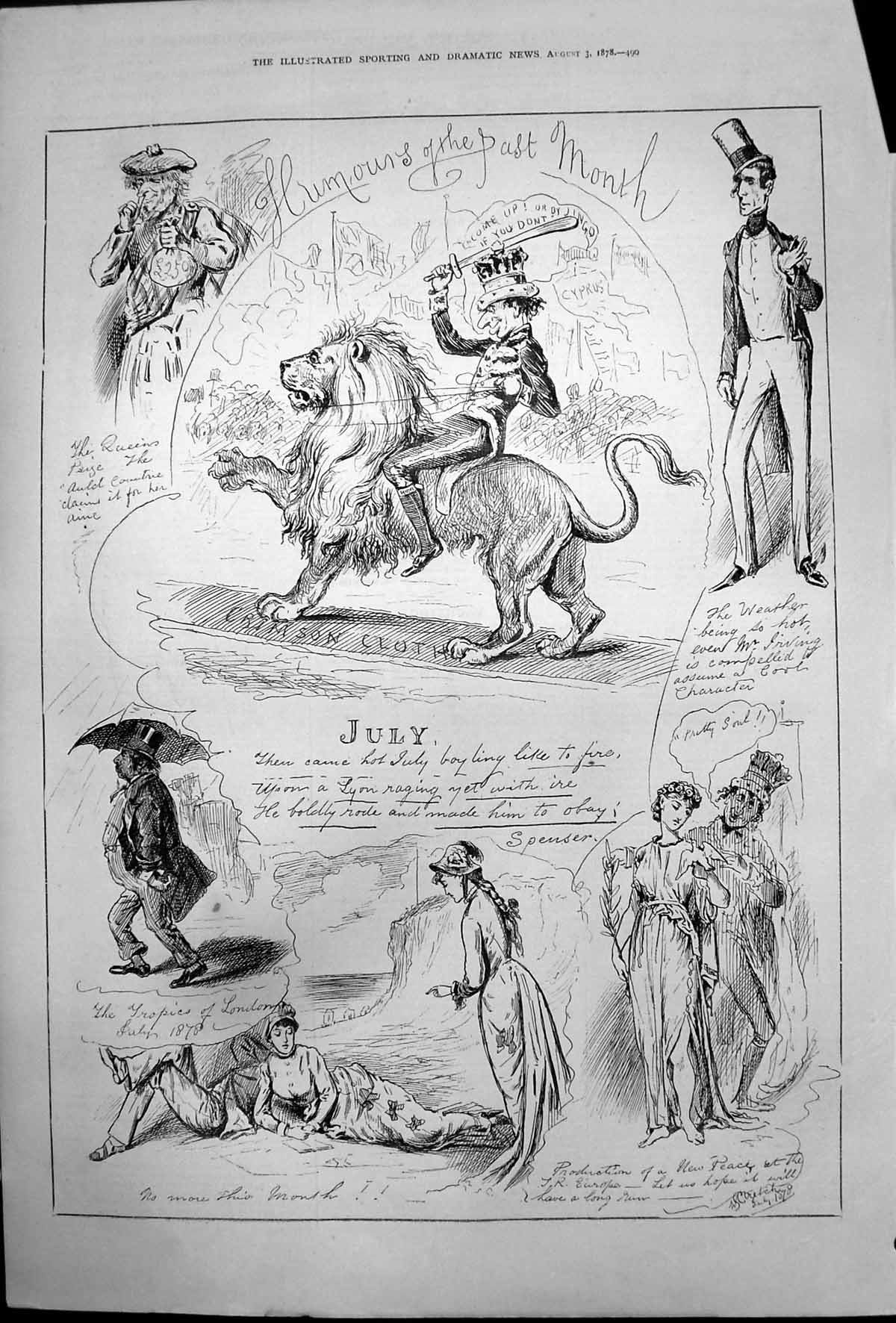 Antique Old Print Humours Past Month July Tropics London Queens Prize 1878 19th