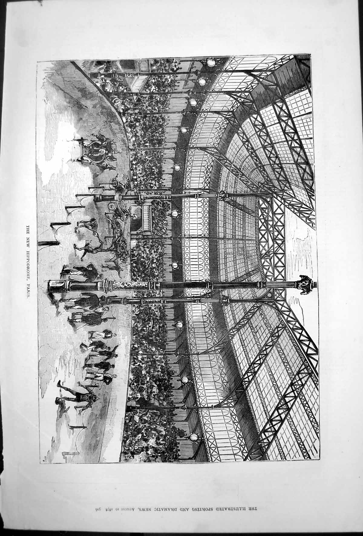 Original Old Antique Print New Hippodrome Paris Horses Charriots Acrobats 1878