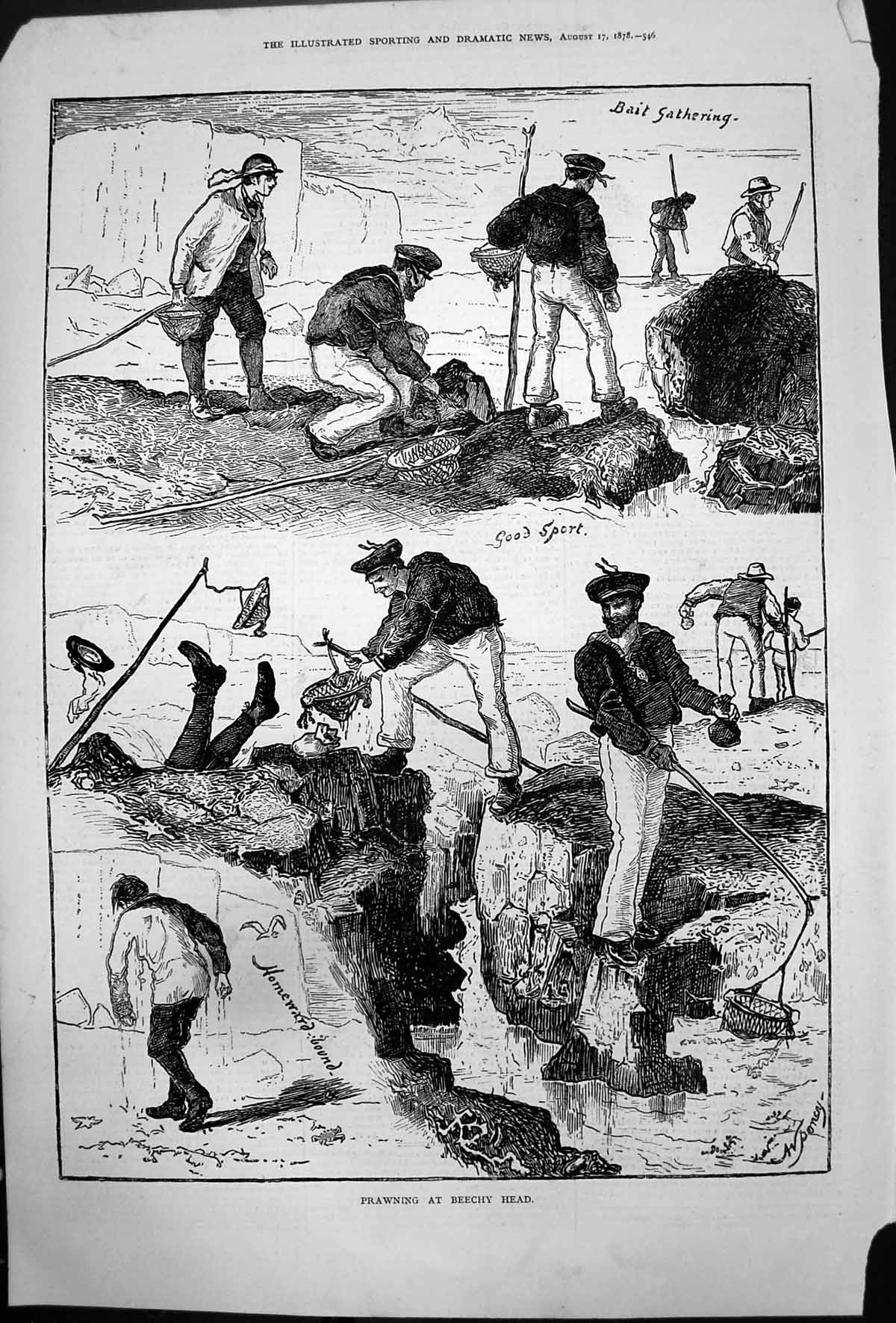 Original Old Antique Print Prawning Beechy Head Bait Gathering Good Sport 1878