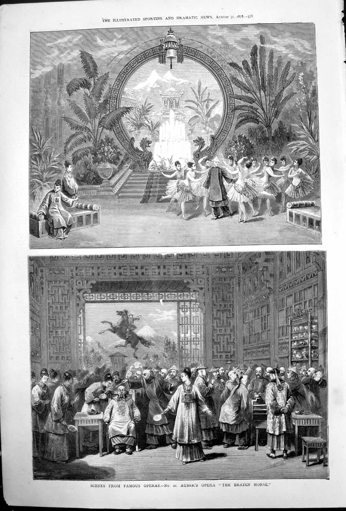 Original Old Antique Print Scenes Famous Operas Aubers Opera Brazen Horse 1878