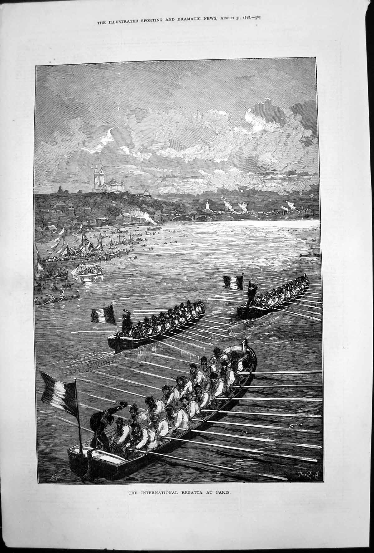 Old International Regatta Paris Boat Race Seventeen Rowers Crew 1878 Victorian