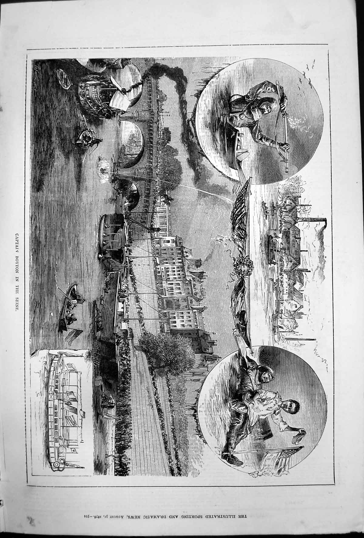 Old Antique Print Captain Boyton Seine Diving Suit Flag Flying Boats 1878 19th