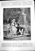 Antique Old Print Poem Two Lovers Bench Statue Dog Reading Book Gardens 1878