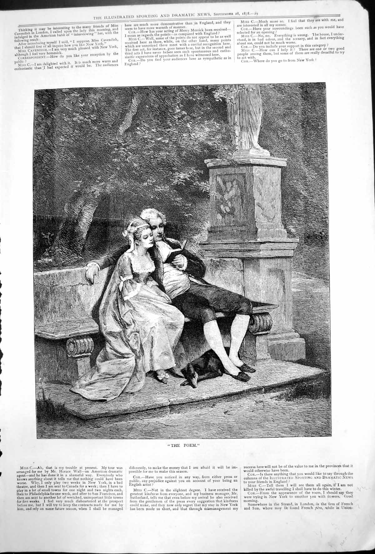 Antique Old Print Poem Two Lovers Bench Statue Dog Reading Book Gardens 1878
