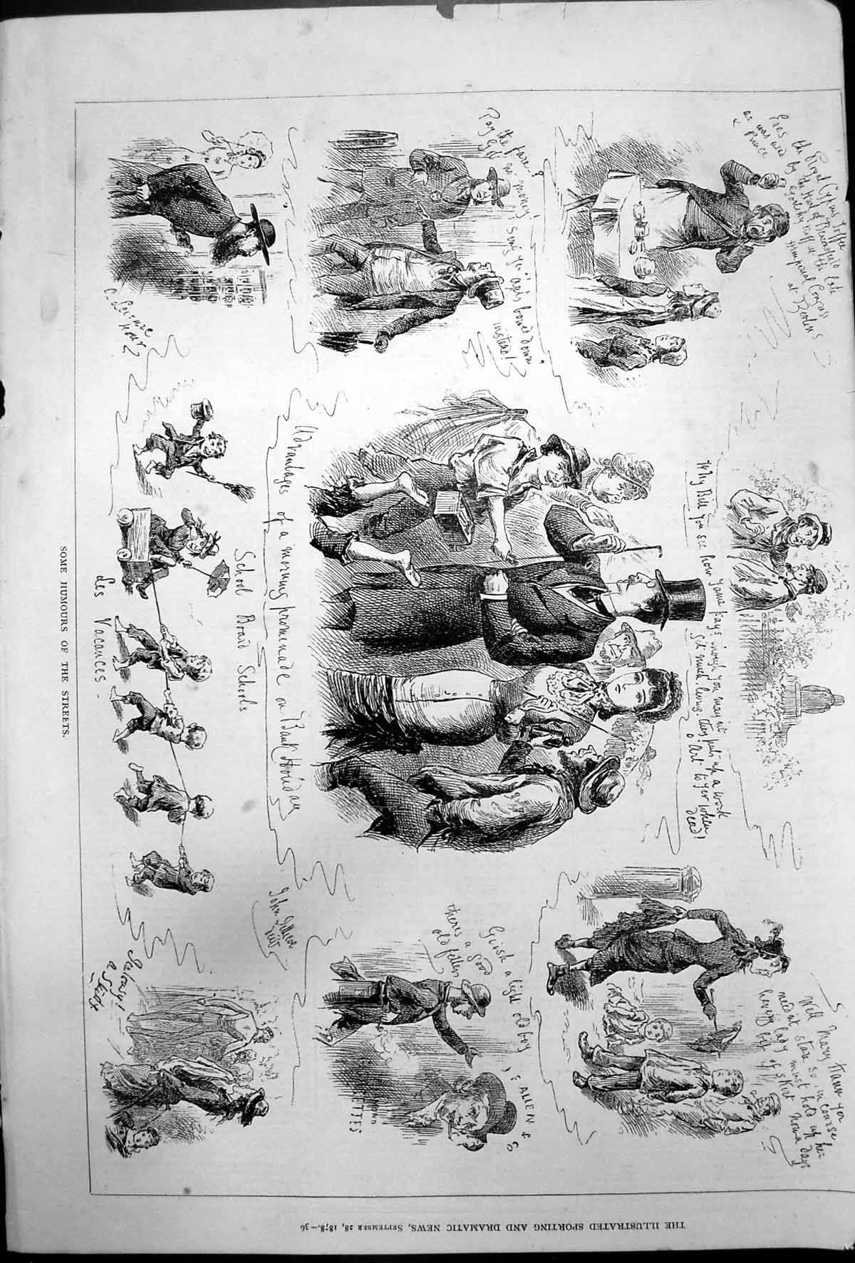 Antique Print Humours Streets Morning Promenade School Board Vacances 1878 19th