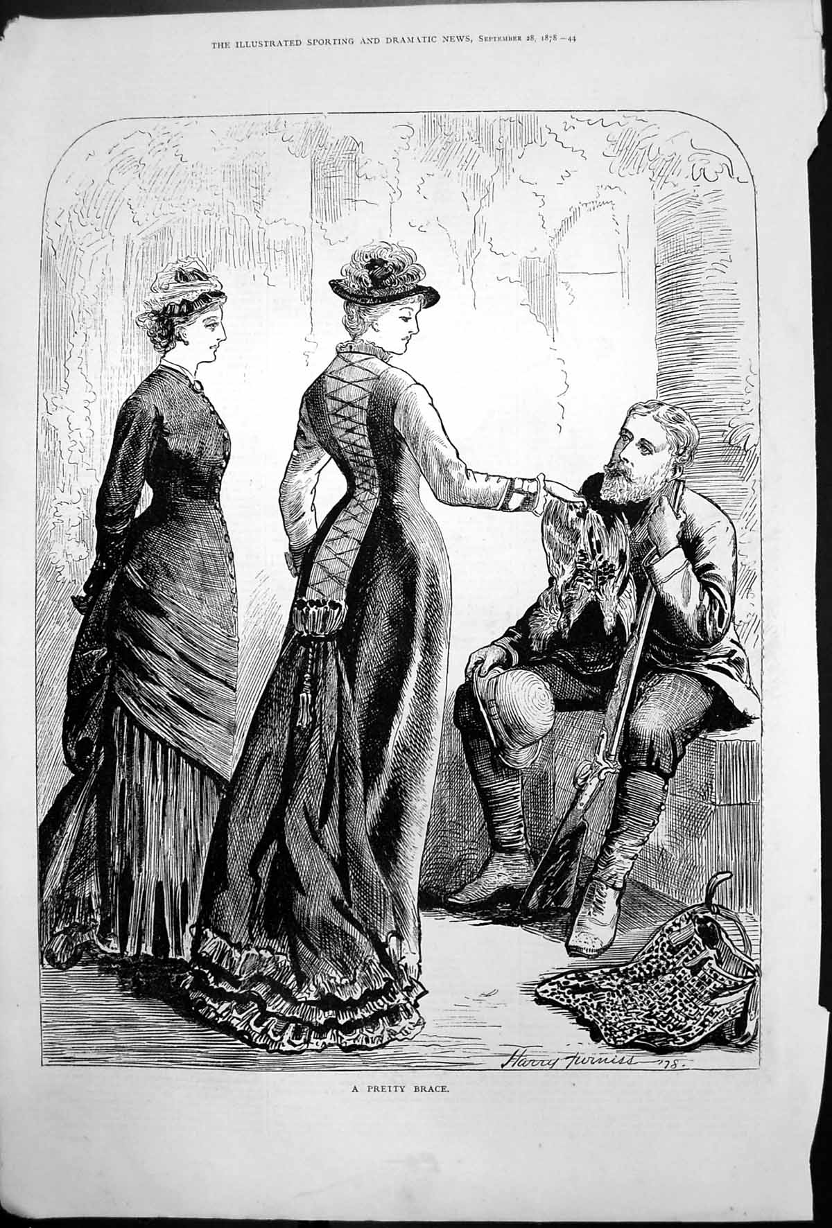 Old Print Pretty Brace Harry Furniss Two Ladies Admiring Mans Catch 1878 19th