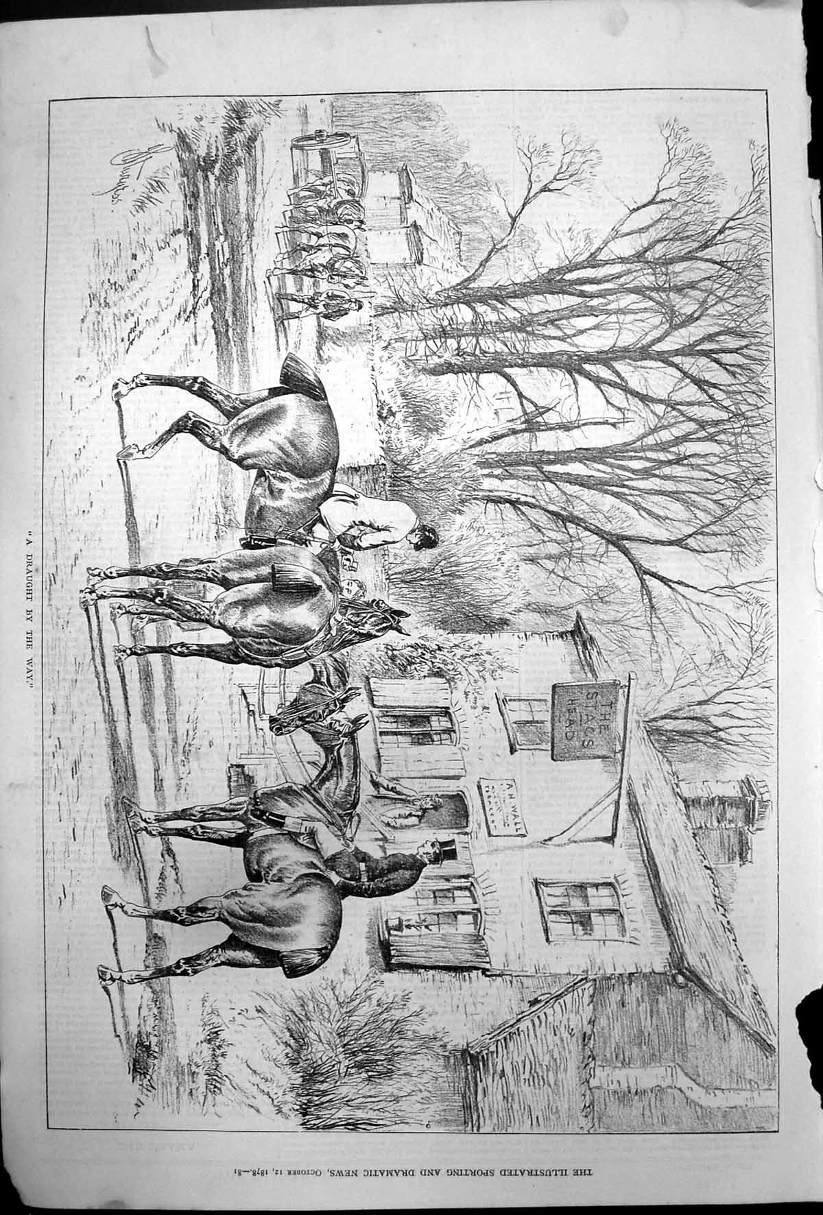 Antique Old Print Draught By Way J Sturgess Riders Stop Drink Stags Head 1878