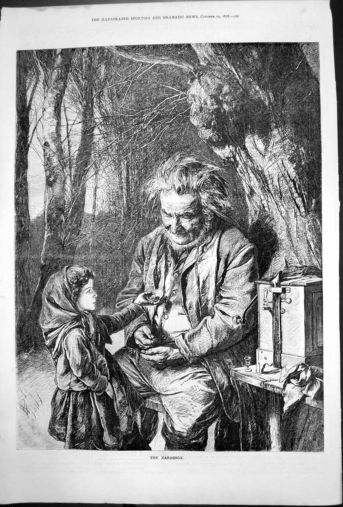 Original Old Antique Print Earnings Young Girl Man Counting Money 1878 19th