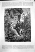 Old Antique Print And Young Young Woman Bench Reading Book Man Pipe 1878 19th