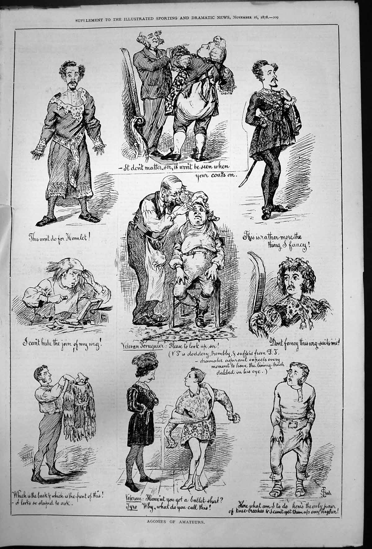 Antique Print Agonies Amateurs Join Wig Back Front Skirt Ballet Shirt 1878 19th