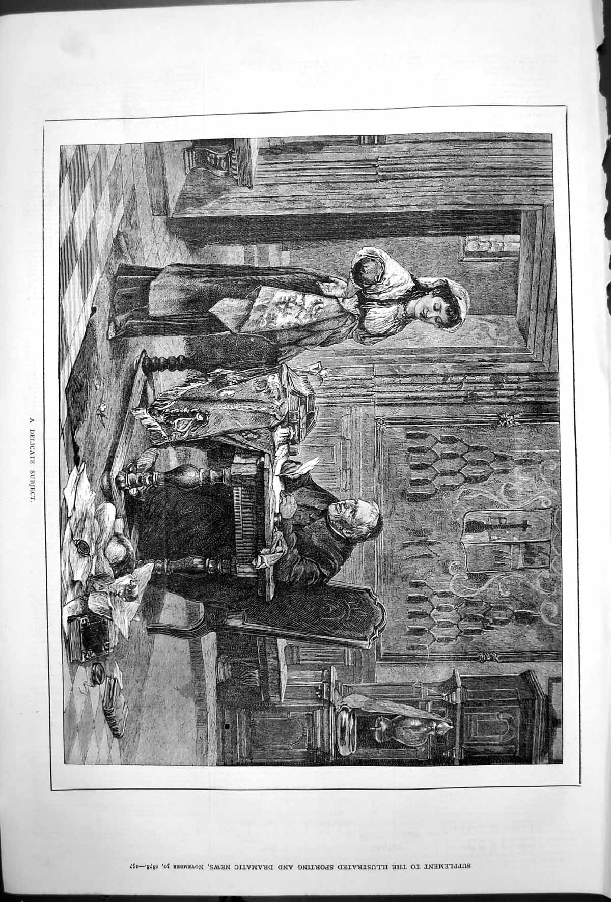 Antique Old Print Delicate Subject Lady Clergman Desk Cat Sitting Papers 1878