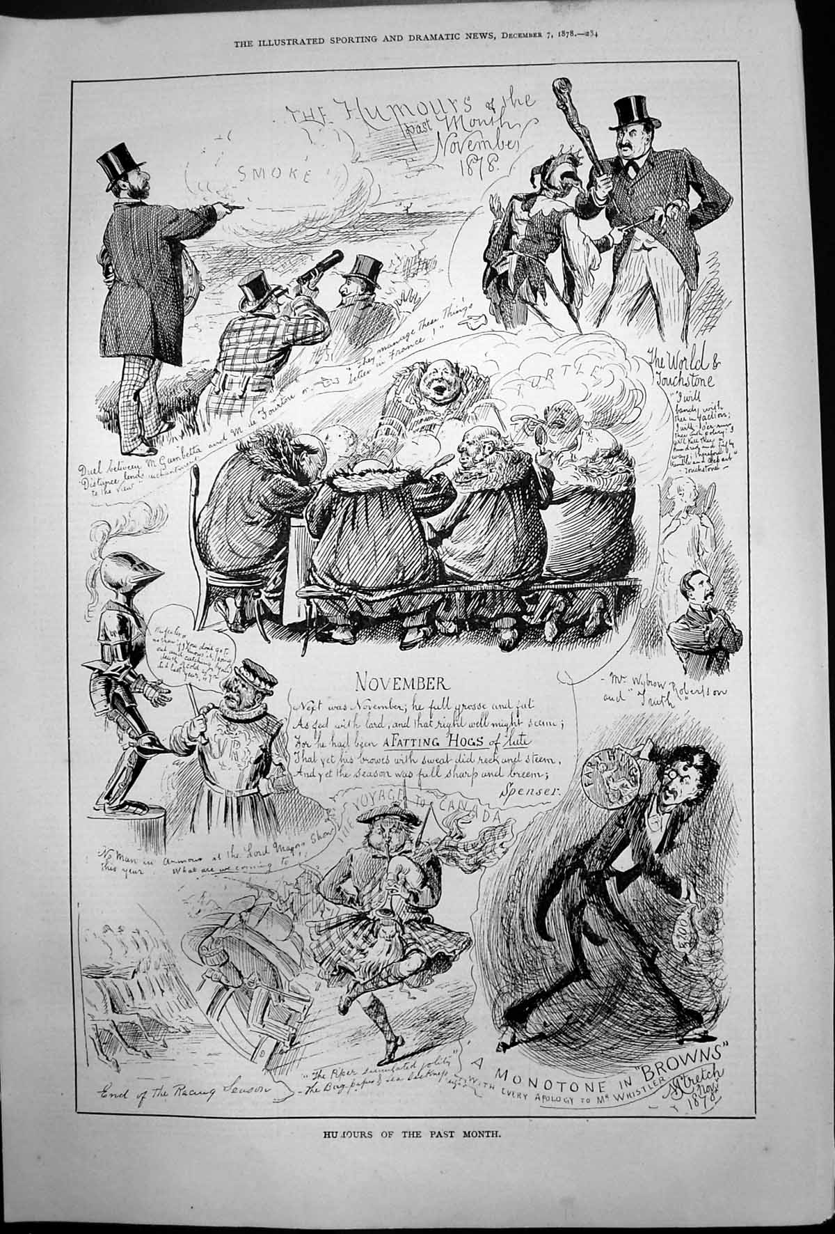 Antique Old Print Humours Past Month November Monotone Browns Bagpipes 1878