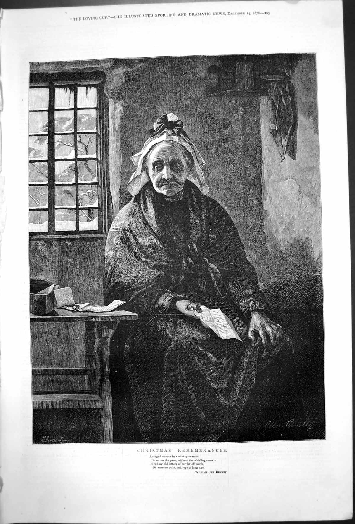 Old Print Christmas Remembrances Aged Woman Reading Letters W Bennet 1878 19th