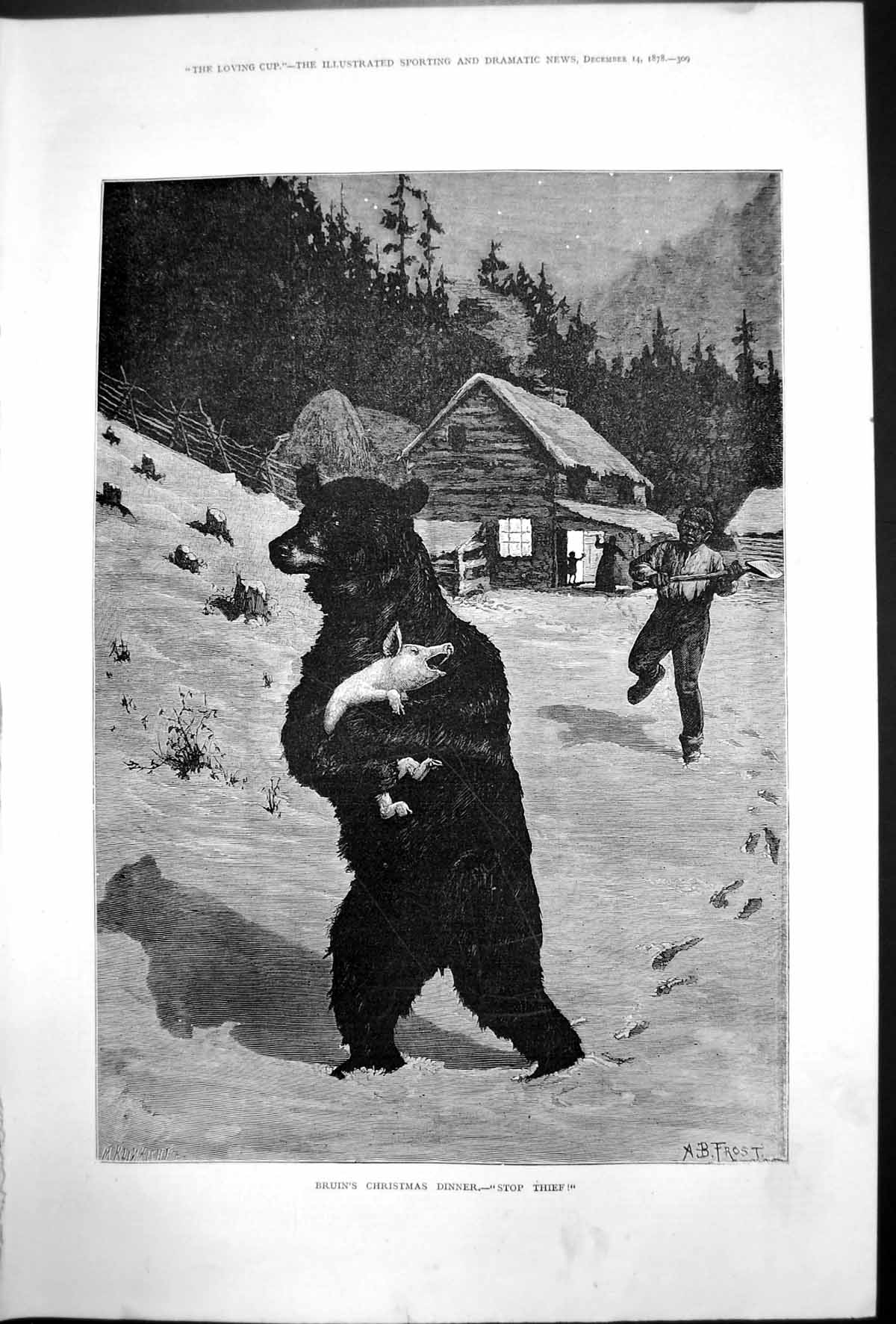 Old Print Bruins Christmas Dinner Stop Thief A Frost Bear Steals Pig 1878 19th
