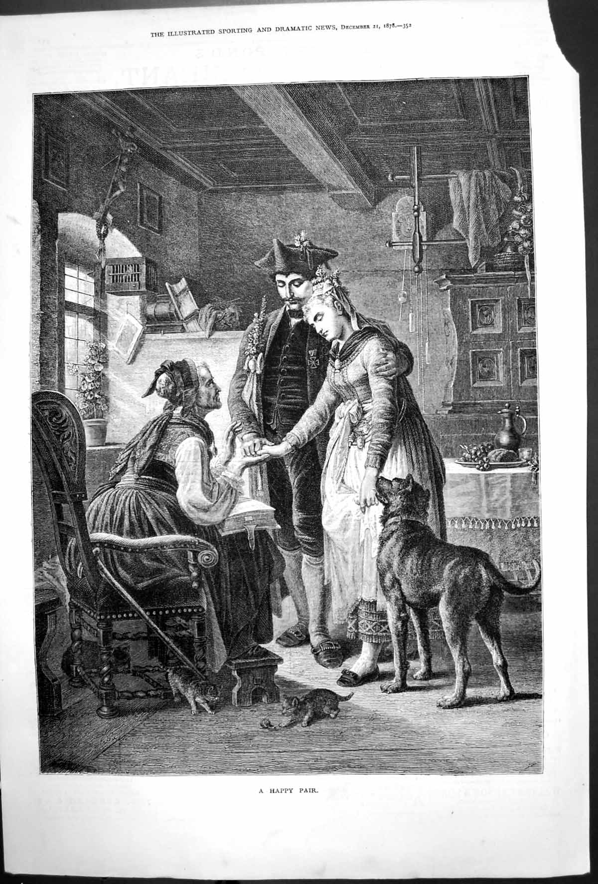 Old Antique Print Happy Pair Sier Introducing Lady Woman Dog Kittens 1878 19th