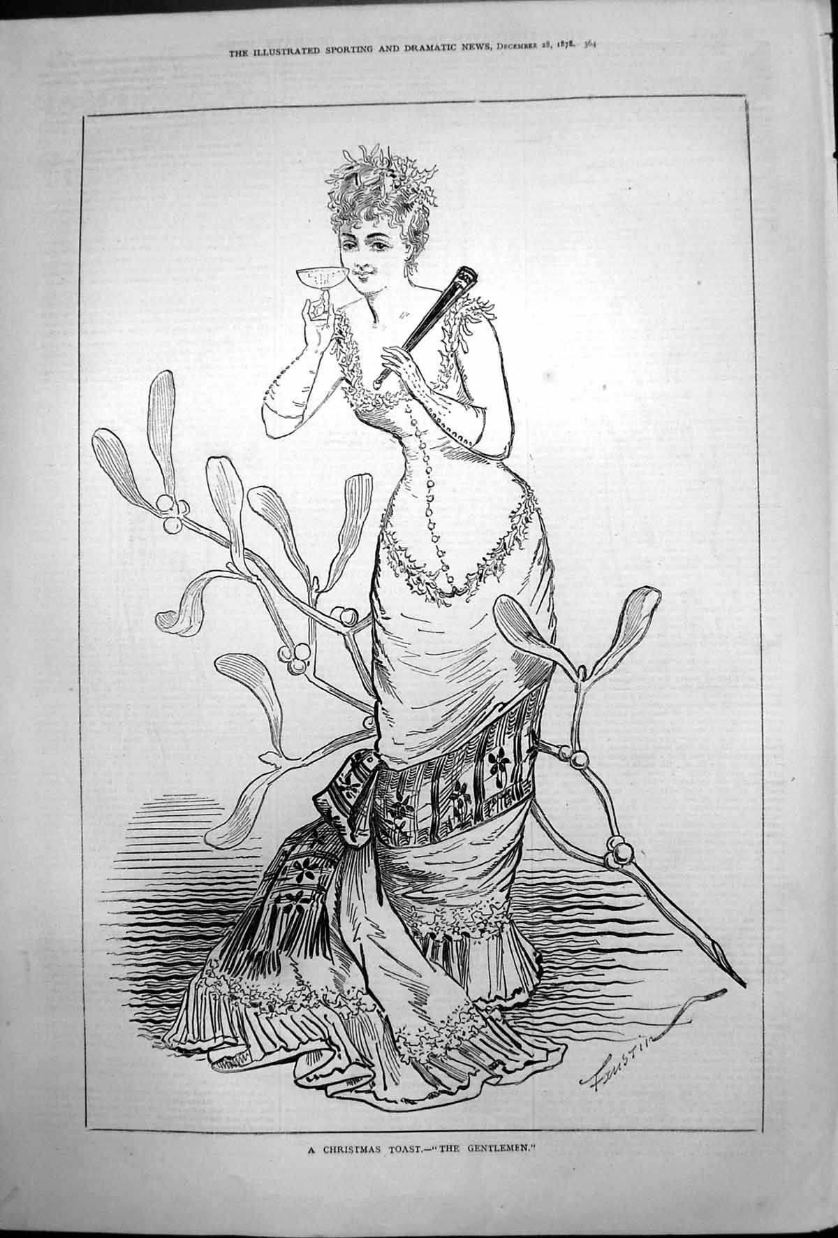 Antique Print Christmas Toast Gentlemen Lady Mistletoe Glass Fan Hand 1878 19th