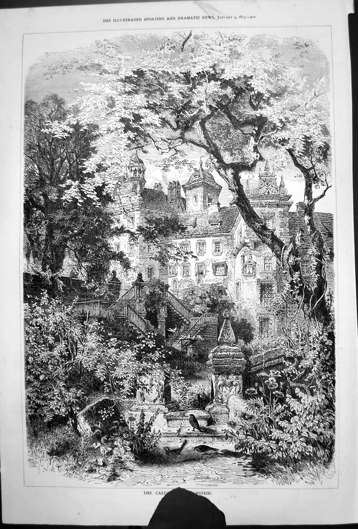Original Old Antique Print Castle Surrounded Trees 1879 19th Century
