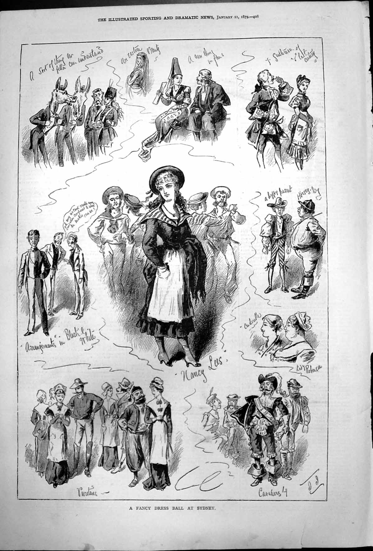 Old Print Fancy Dress Ball Sydney Nancy Lees Eastern Beauty Puritans 1879 19th