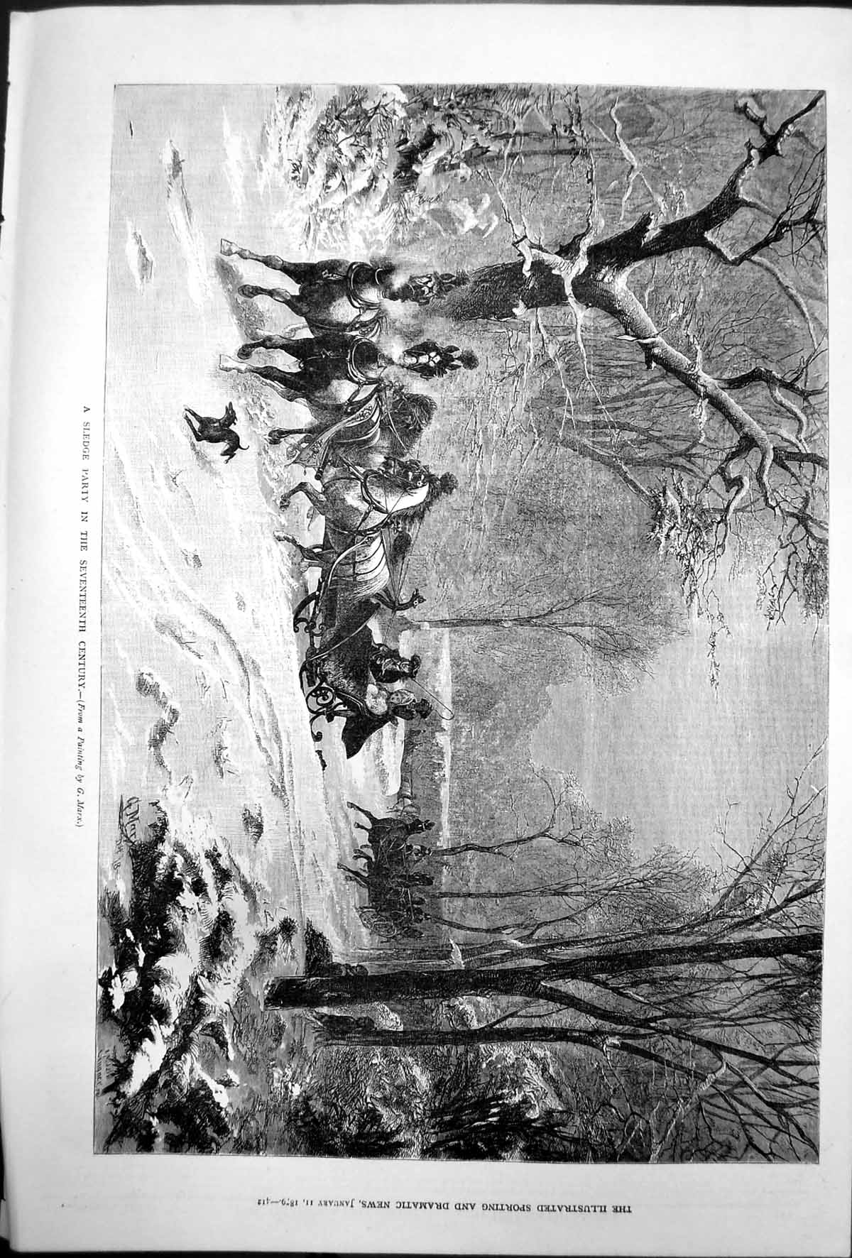 Old Antique Print Sledge Party Seventeenth Century Painting G Marx 1879 19th