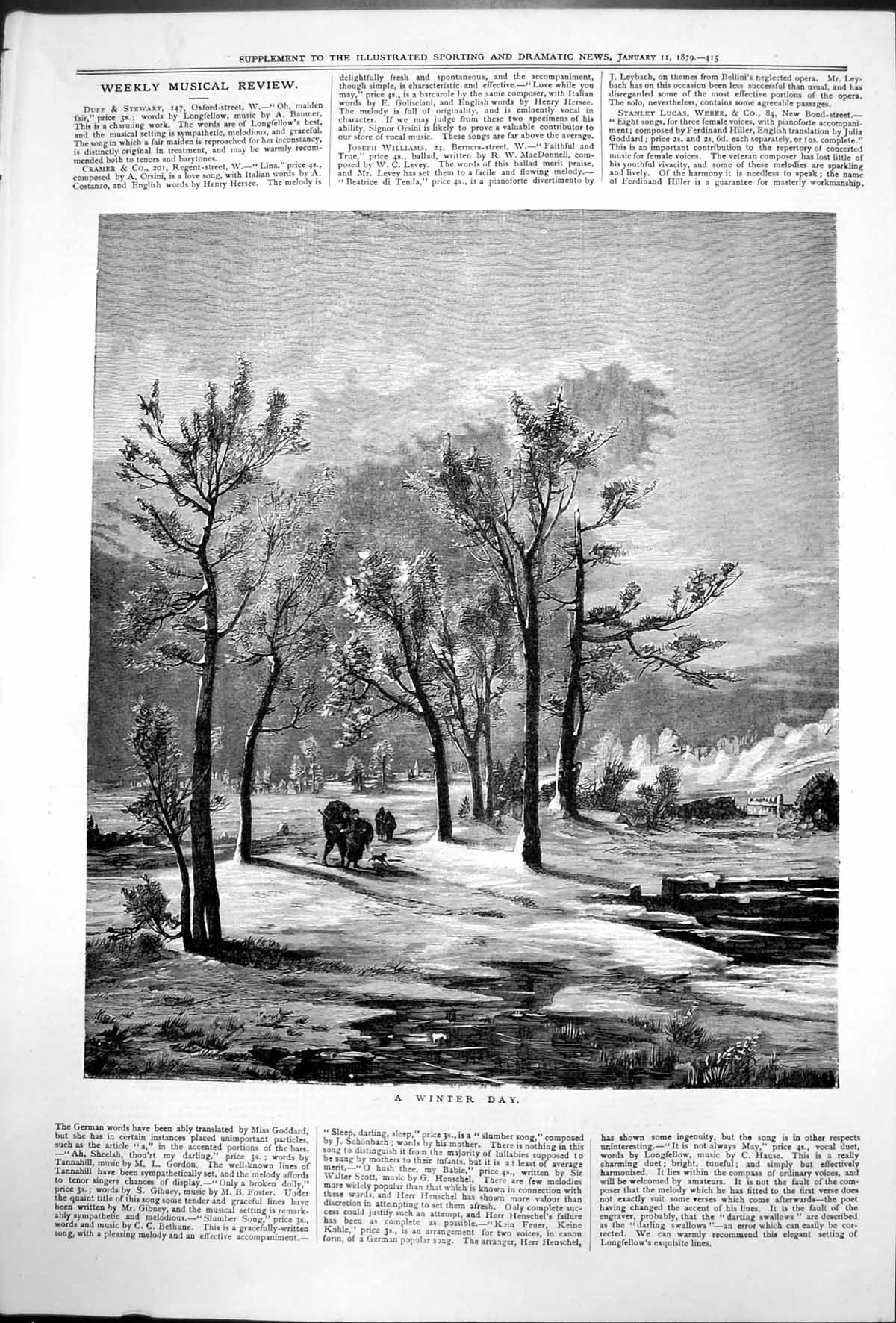 Original Old Antique Print Winter Day Snow Ground Ice Water Trees 1879 19th