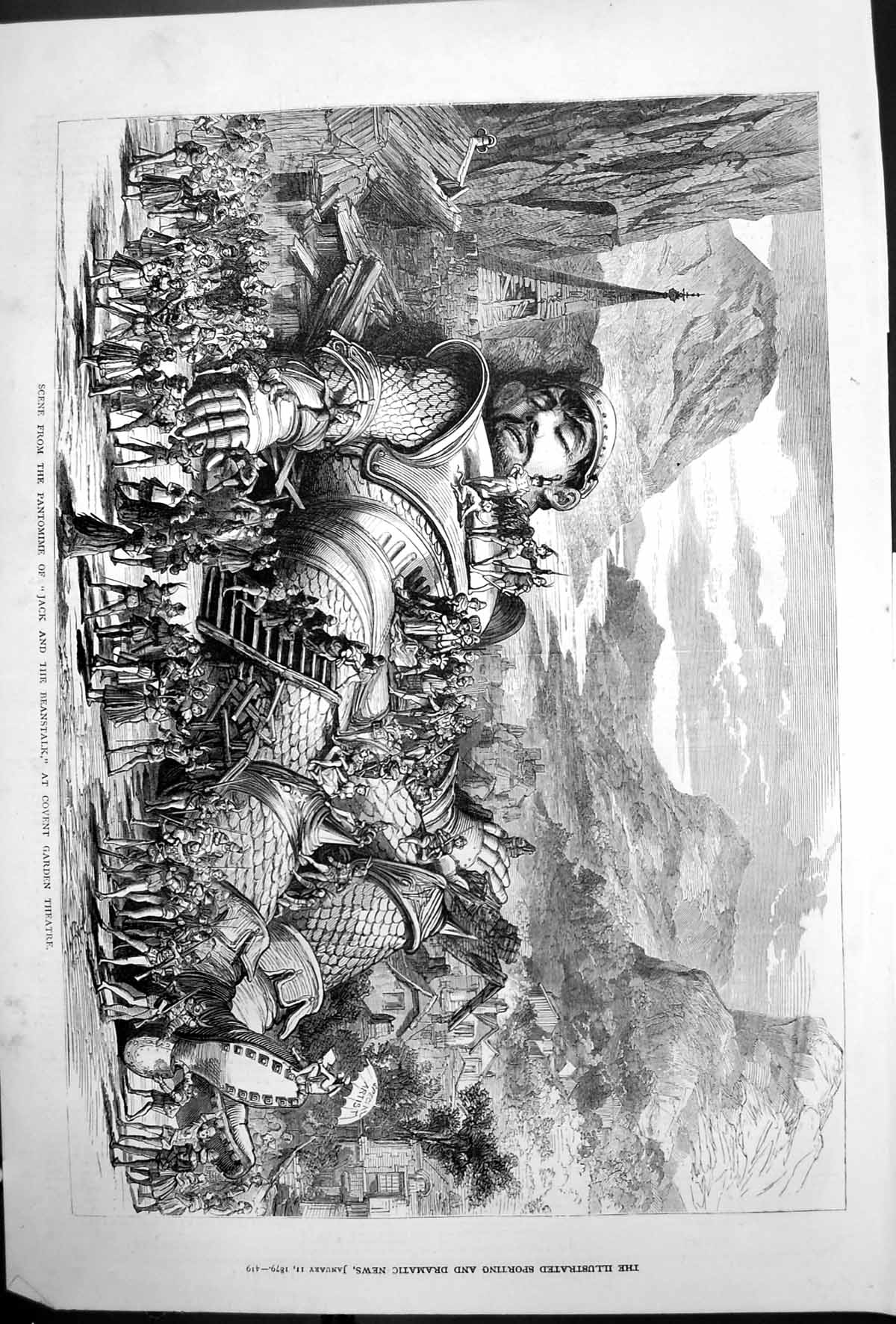 Antique Old Print Scene Pantomine Jack Beanstalk Covent Garden Theatre 1879