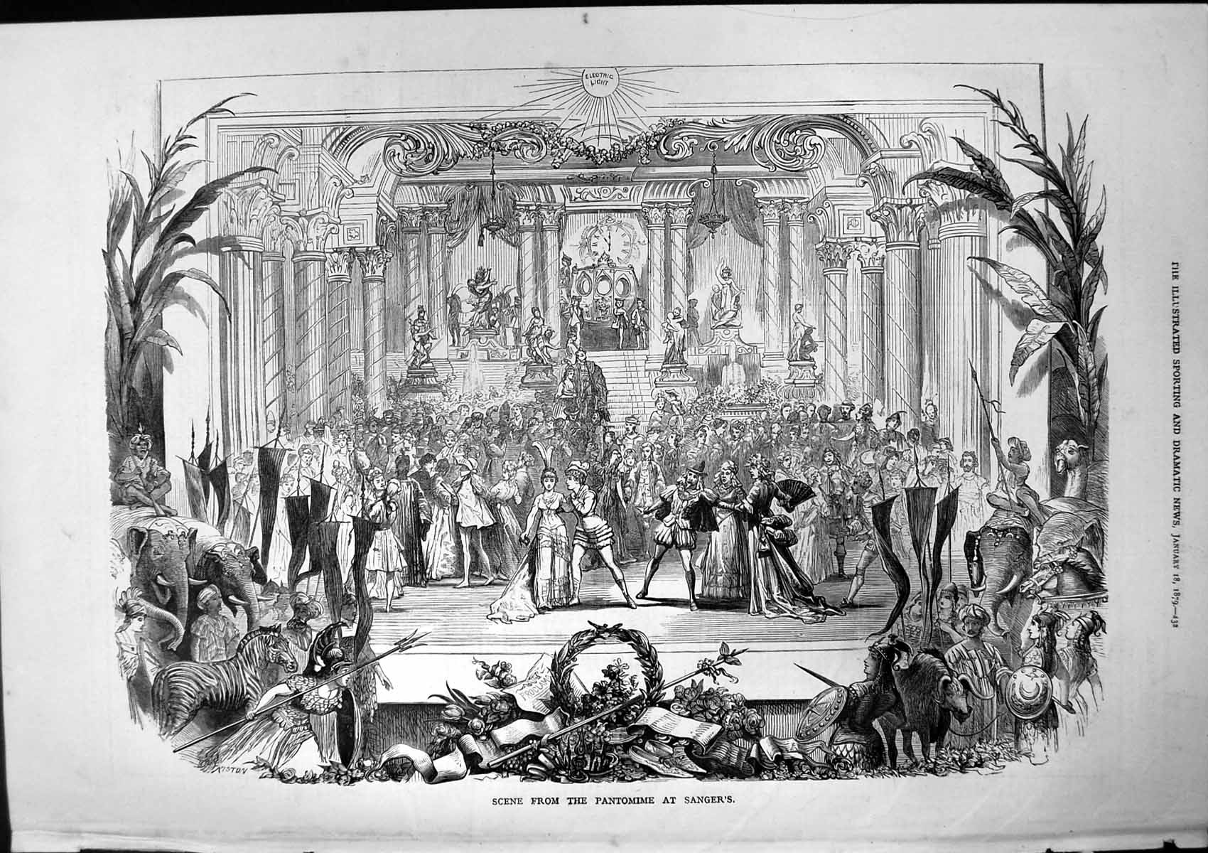 Original Old Antique Print Scene Pantomine Sangers Cast Dancing On Stage 1879
