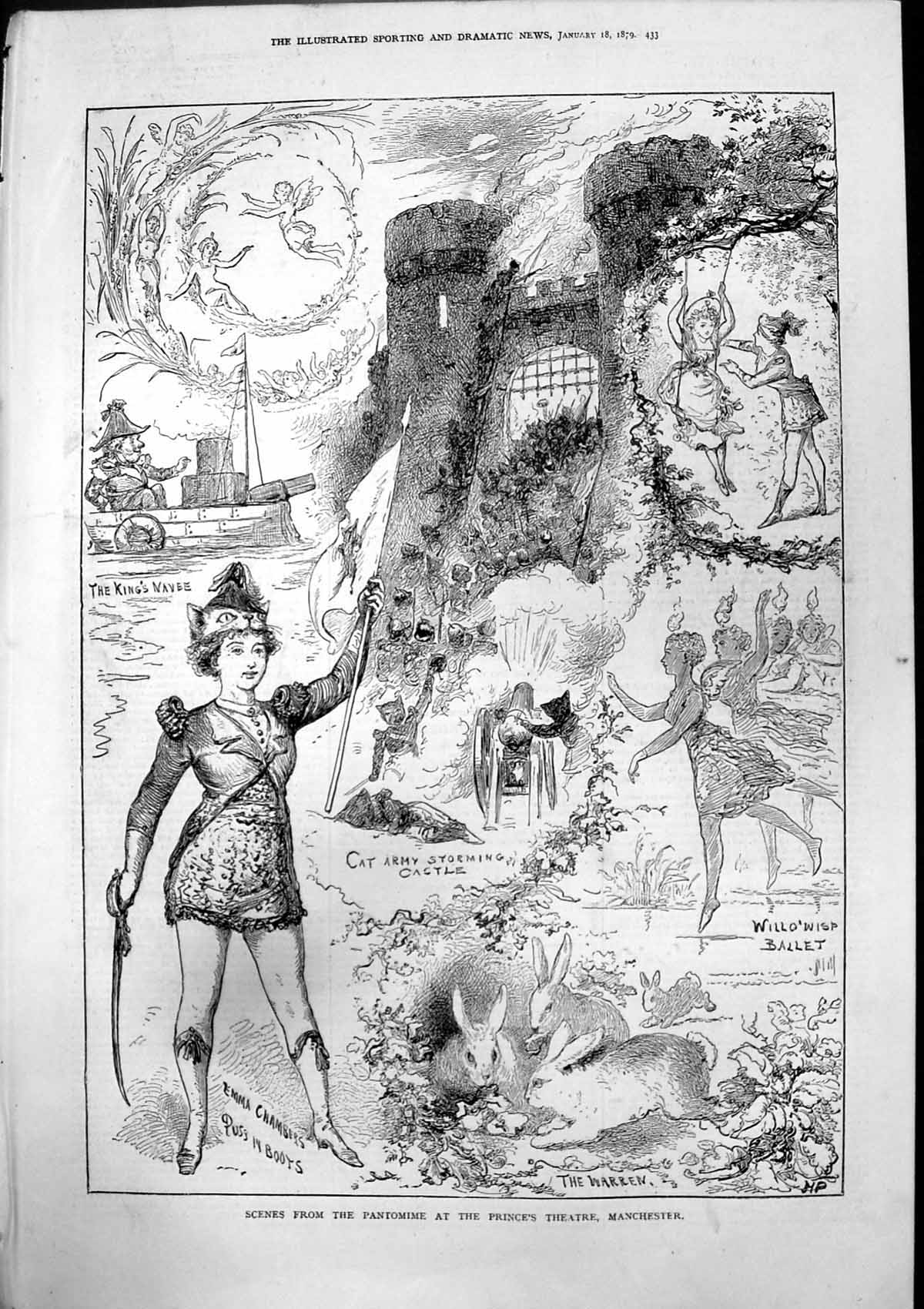 Old Print Scenes Pantomine Princes Theatre Manchester Puss In Boots 1879 19th