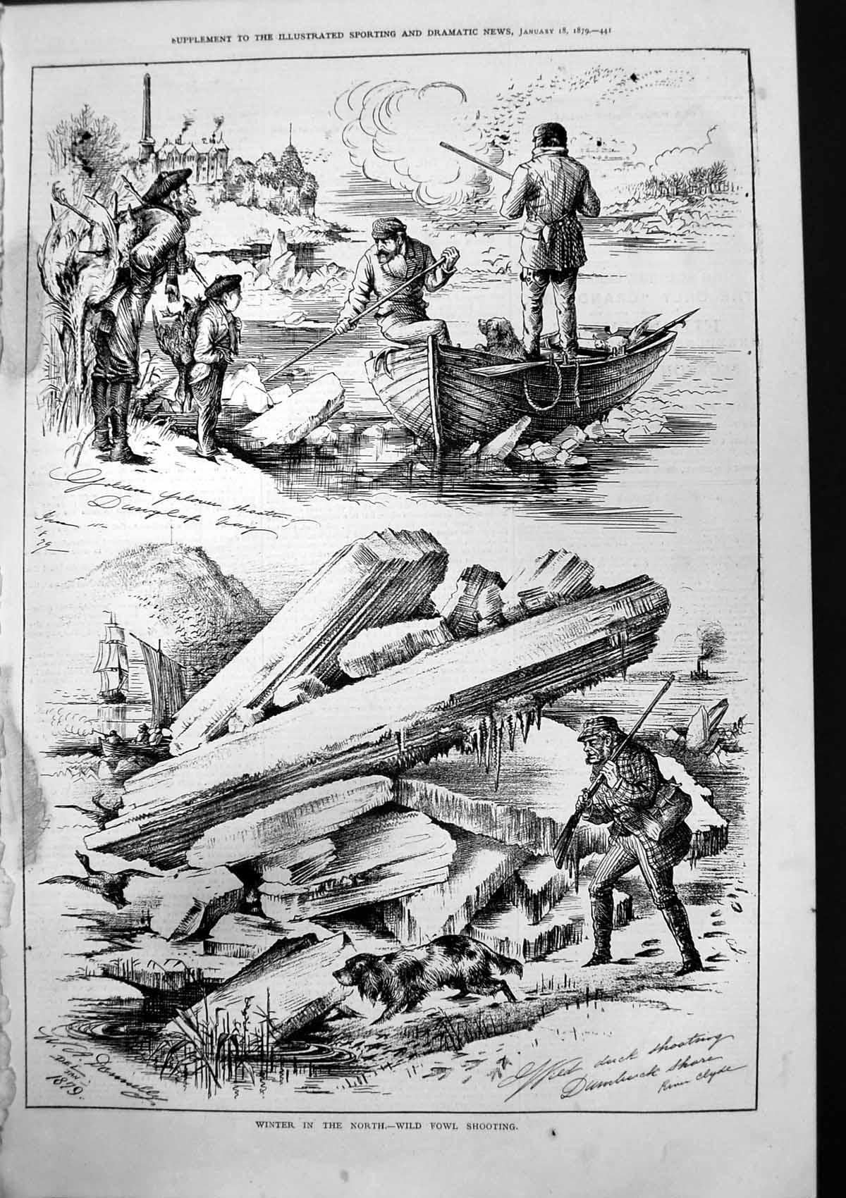 Old Print Winter In North Wild Fowl Shooting W Donnelly Duck Plover 1879 19th