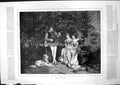 Antique Old Print Lute Player In Garden Two Ladies Bench Listening Dog 1879