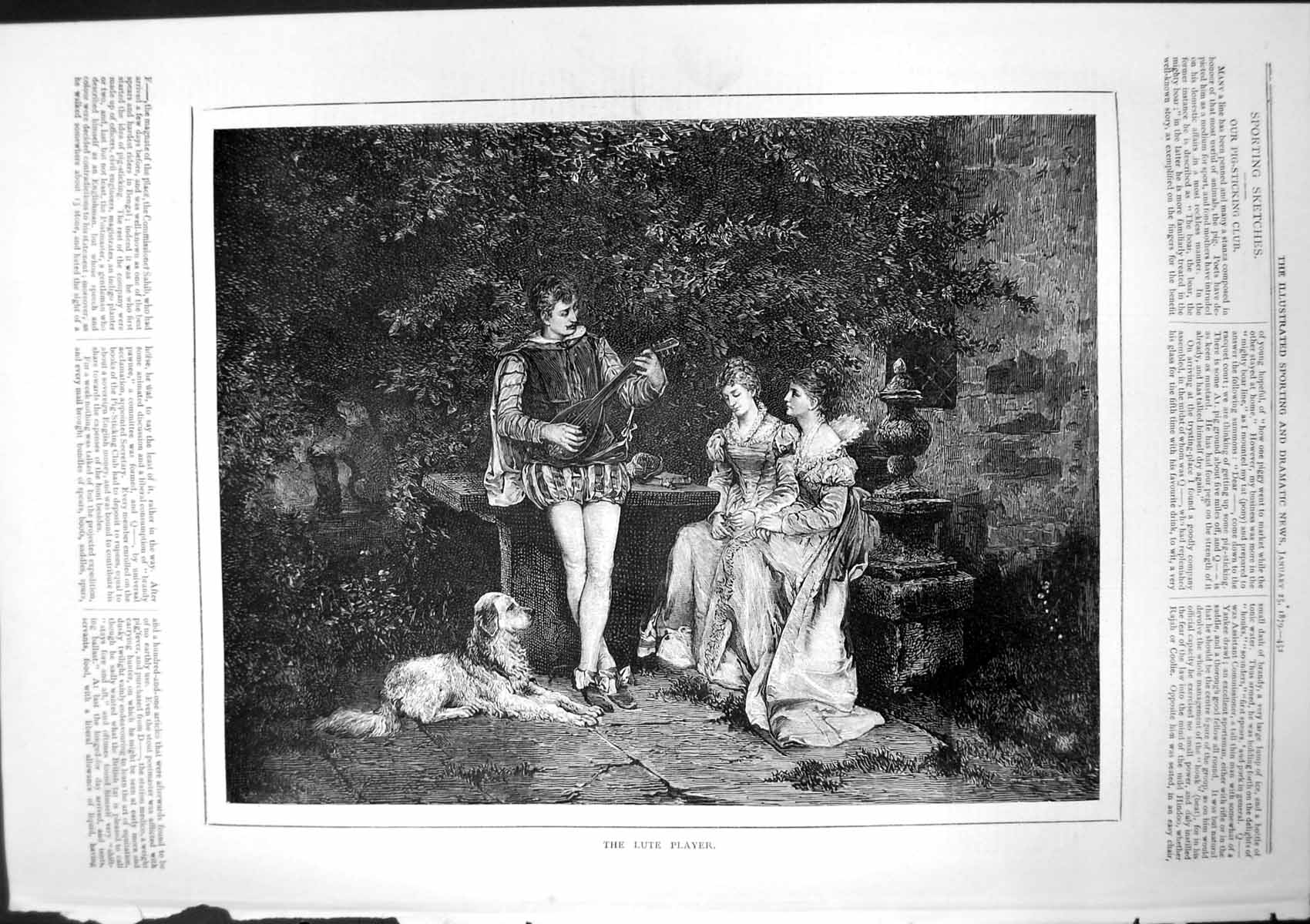 Antique Old Print Lute Player In Garden Two Ladies Bench Listening Dog 1879