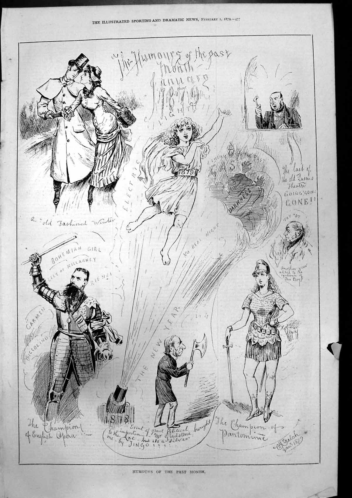 Antique Old Print Humours Past Month January Champion Opera Pantomine 1879 19th