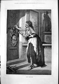 Antique Old Print Cupid Imprisoned Lady Bolting Door Young Child Window 1879