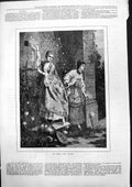 Old Print First Love Letter Two Ladies One Reaches Letter Hole Wall 1879 19th