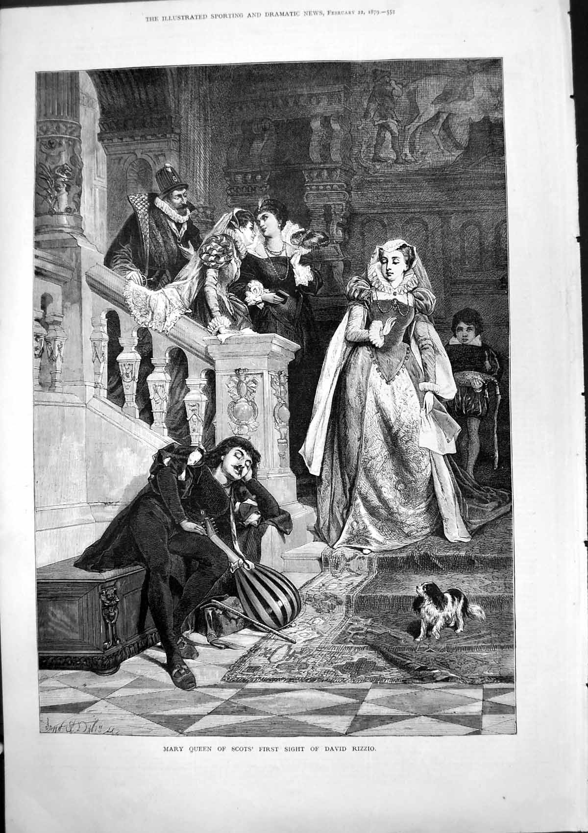 Antique Old Print Mary Queen Scots First Sight David Rizzio Staircase 1879 19th