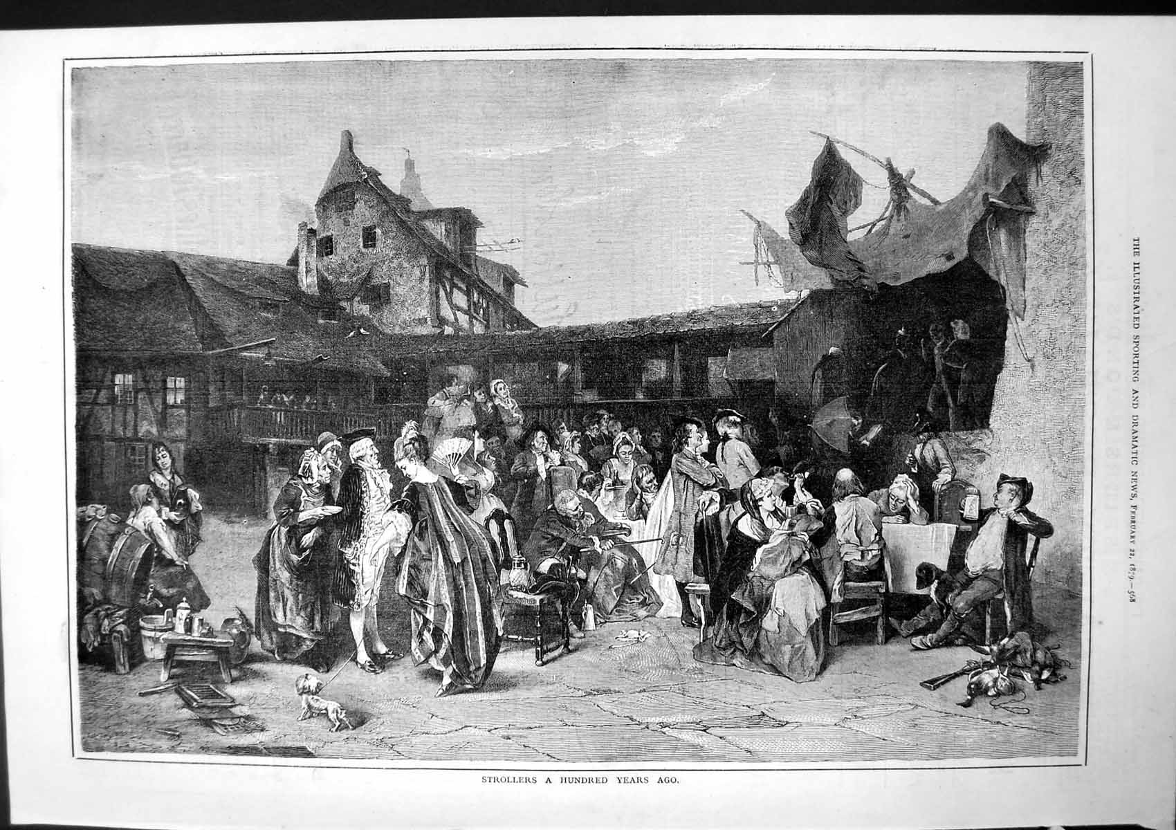 Original Old Antique Print Strollers A Hundred Years Ago Audience Tables 1879