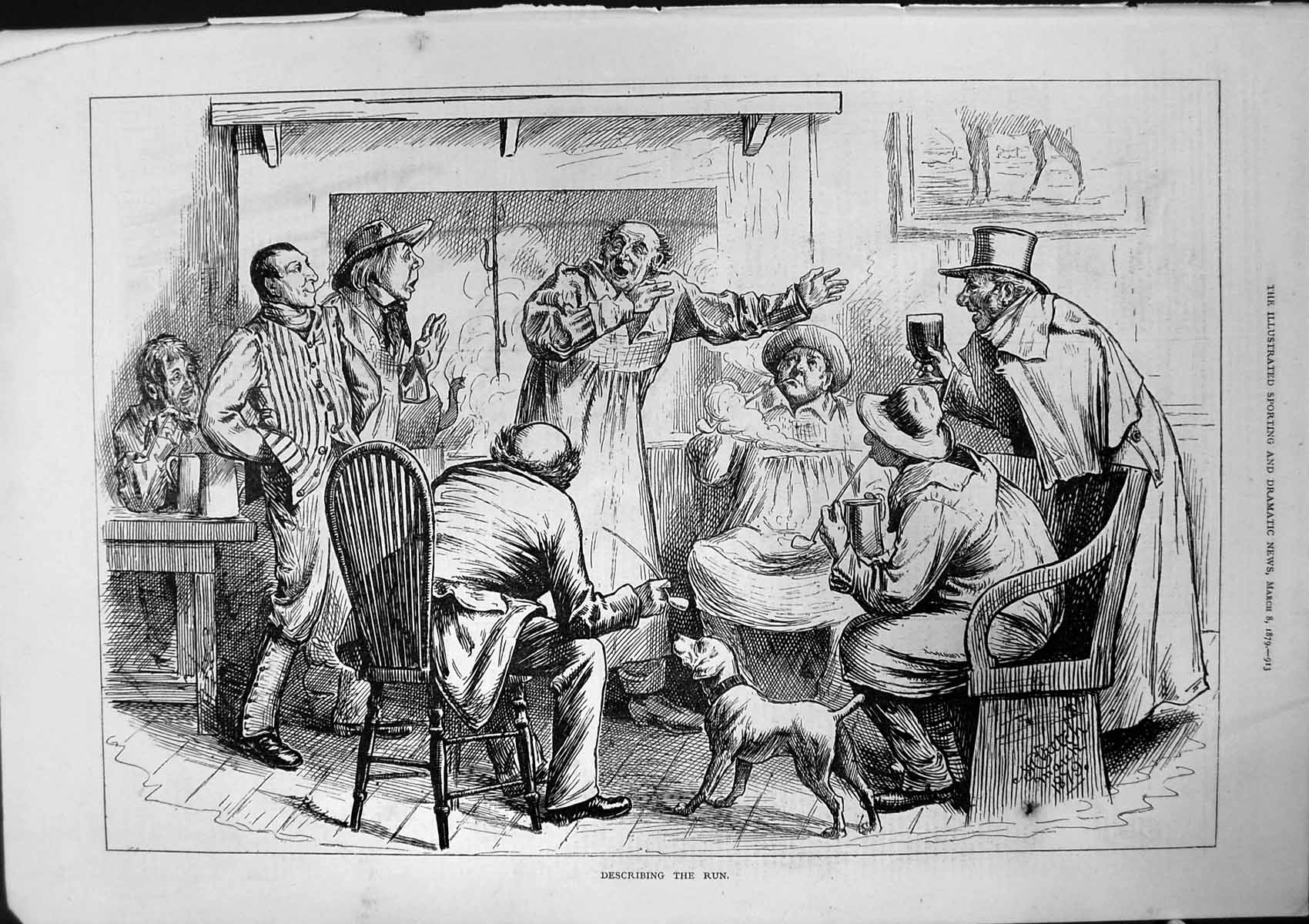 Antique Old Print Describing The Run Group Men Fireside Smoking Drinking 1879