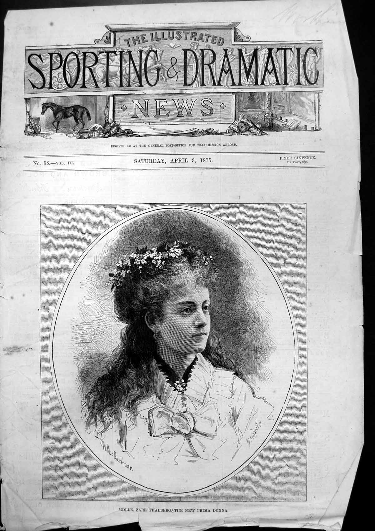 Old Antique Print Mdlle Zare Thalberg New Prima Donna W Rice Buckman 1875 19th