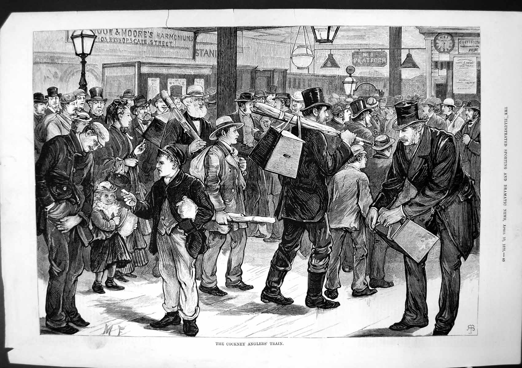 Old Antique Print Cockney Anglers Train Crowds Passengers Platform 1875 19th