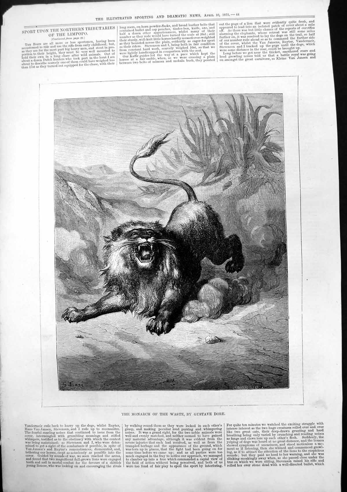 Original Old Antique Print Monarch Waste Gustave Dore Lion Growling 1875 19th