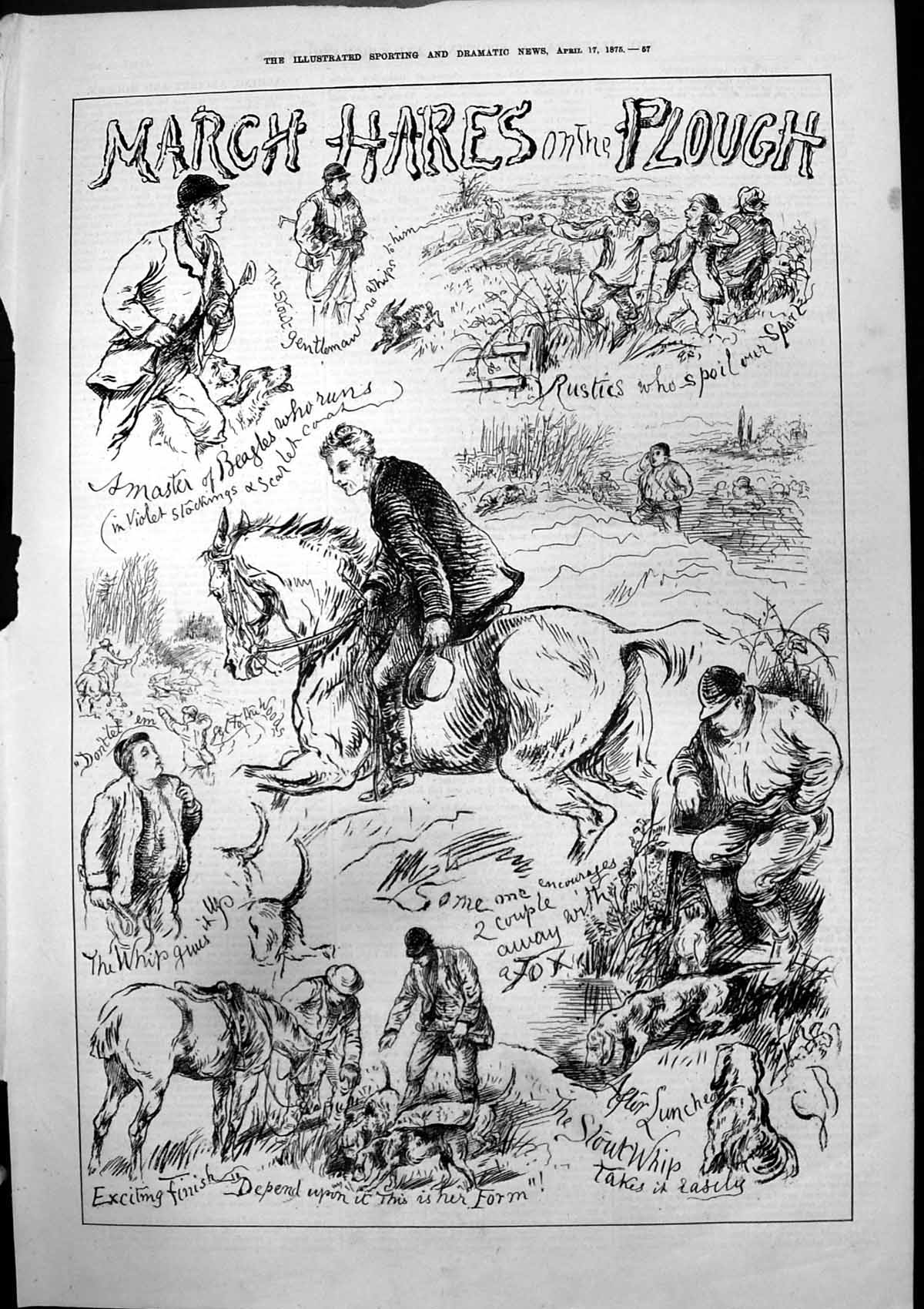 Antique Old Print March Hares On Plough Master Beagles Exciting Finish 1875