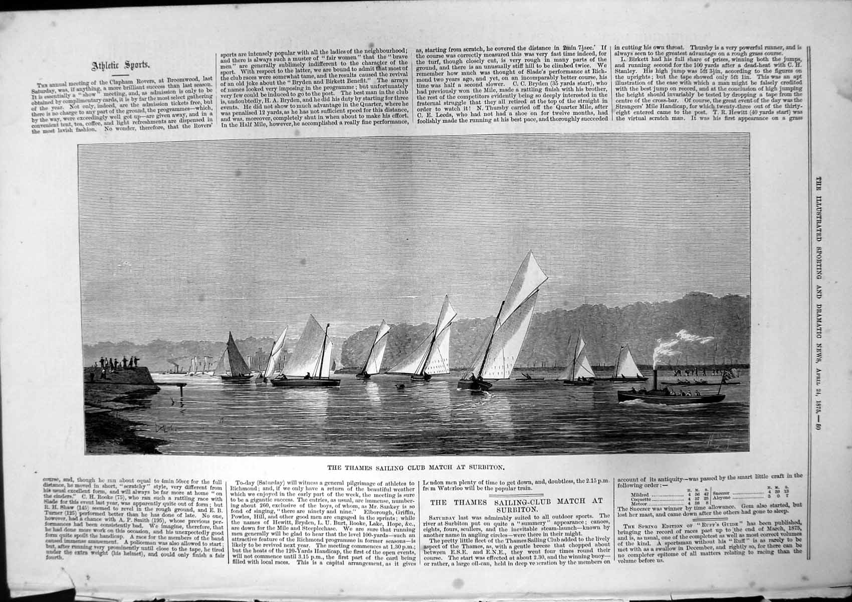 Original Old Antique Print Thames Sailing Club Match At Surbiton 1875 Victorian