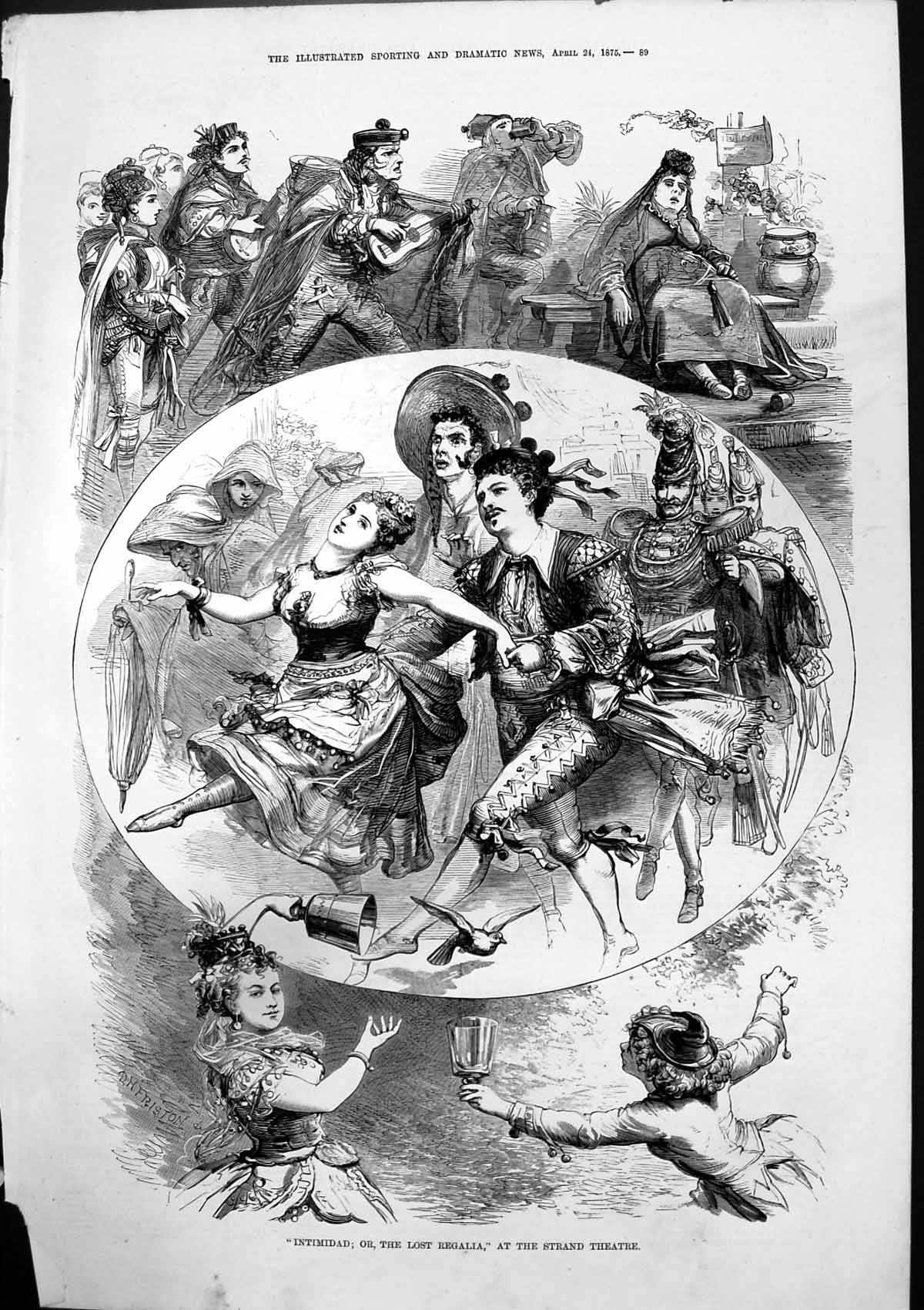 Original Old Antique Print Intimidad Or Lost Regalia Strand Theatre 1875 19th