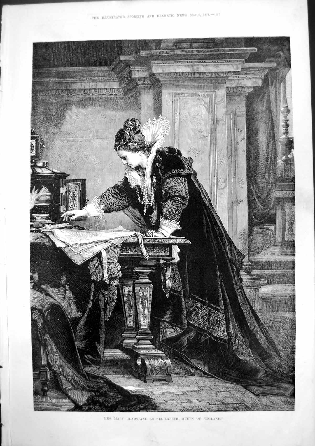 Original Old Antique Print Mrs Mary Gladstane As Elizabeth Queen England 1875