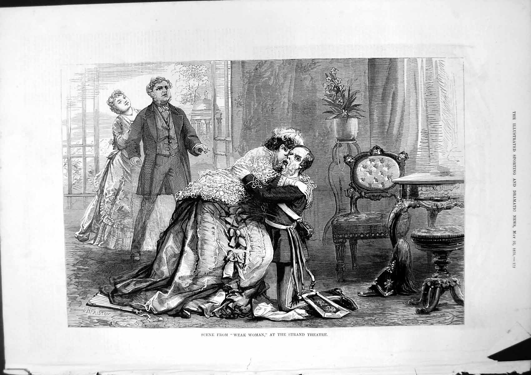 Original Old Antique Print Scene From Weak Woman At Strand Theatre 1875 19th