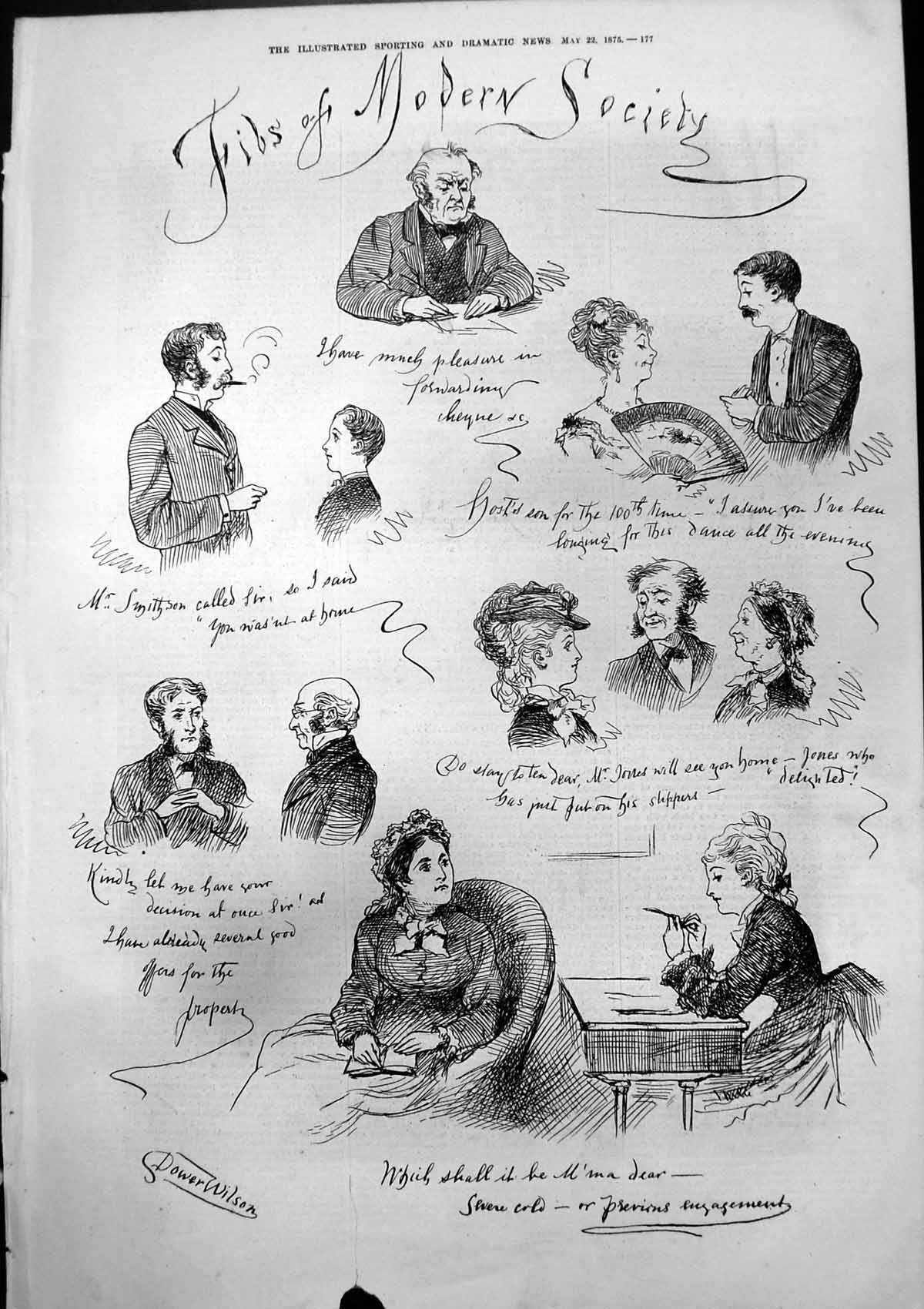 Original Old Antique Print Fibs Modern Society Dower Wilson 1875 19th